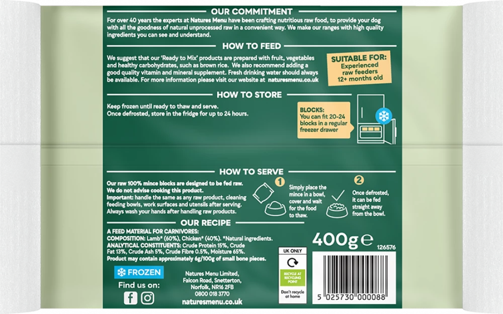 Natures Menu Raw Lamb & Chicken Block For Adult Dogs 12 X 400GM - Image 3