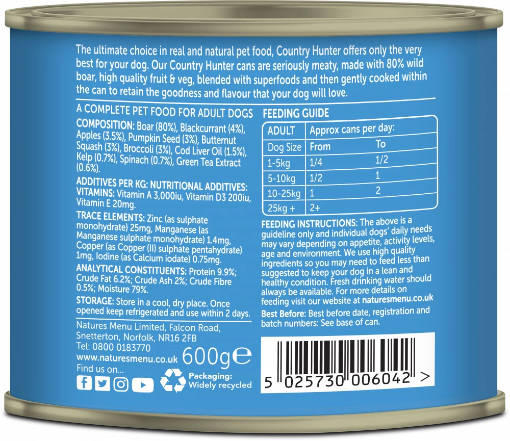 Country Hunter Cans Wild Boar with Superfoods For Adult Dogs - 600Gram - Image 2