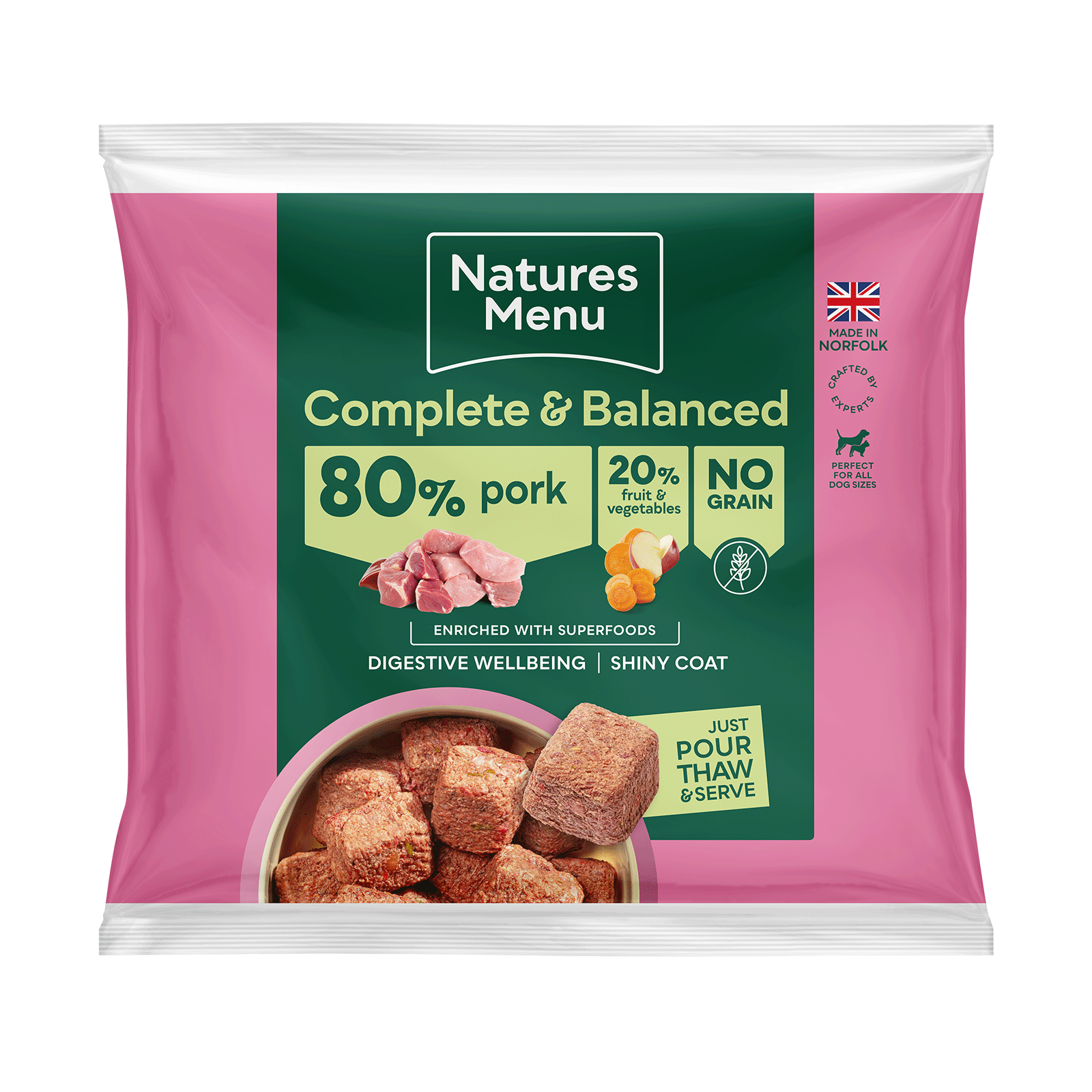 Complete & Balanced Nuggets 80/20 Pork Raw Dog Food 1 kg Natures Menu